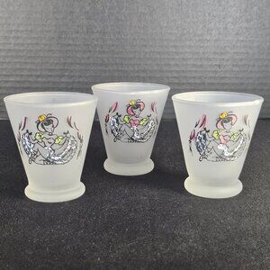 Vintage.1950s Frosted Fad Studios Set of 3 Shot Measuring Glasses Can Can Girls